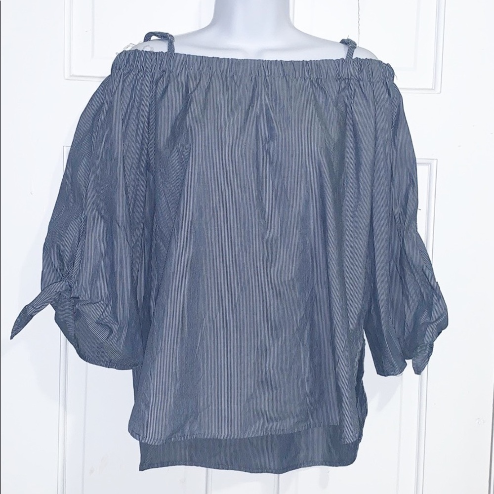 - Seven Sisters Pinstripe Off the shoulder t…